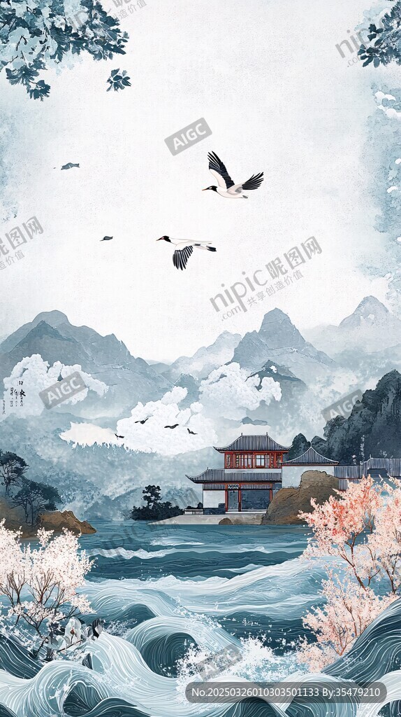 水墨山水间飞鸟绕楼阁