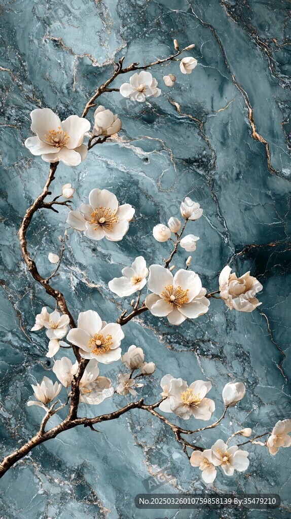 玉兰花枝 蓝绿背景雅致图