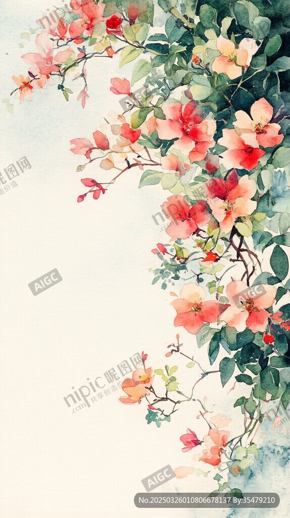 水彩花卉 烂漫花枝绽放美