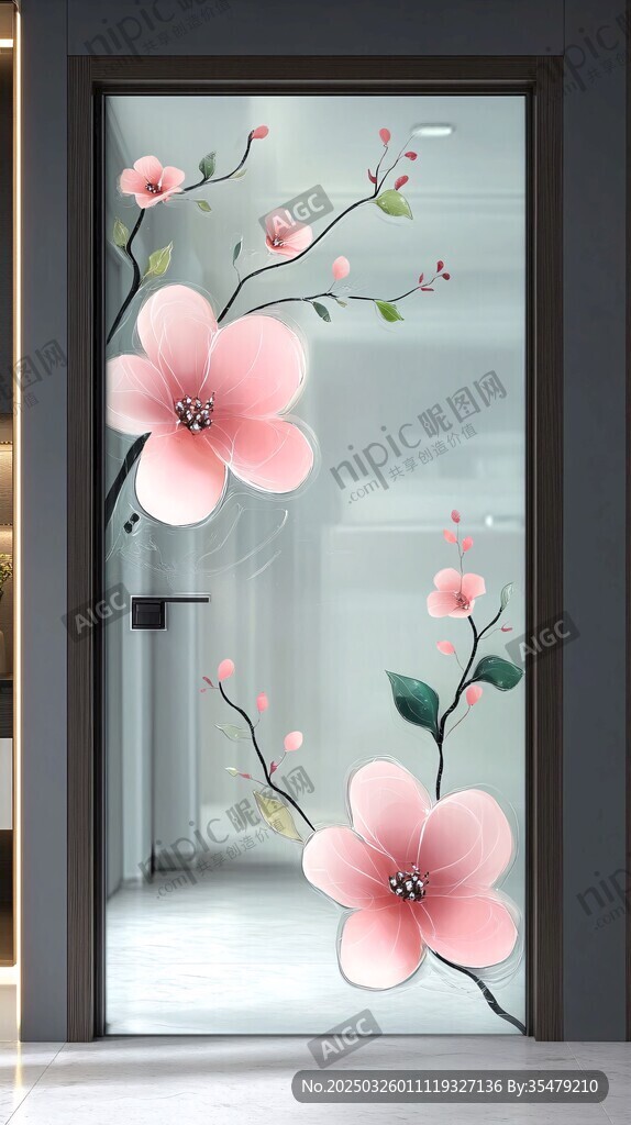 粉色花卉玻璃门装饰图案
