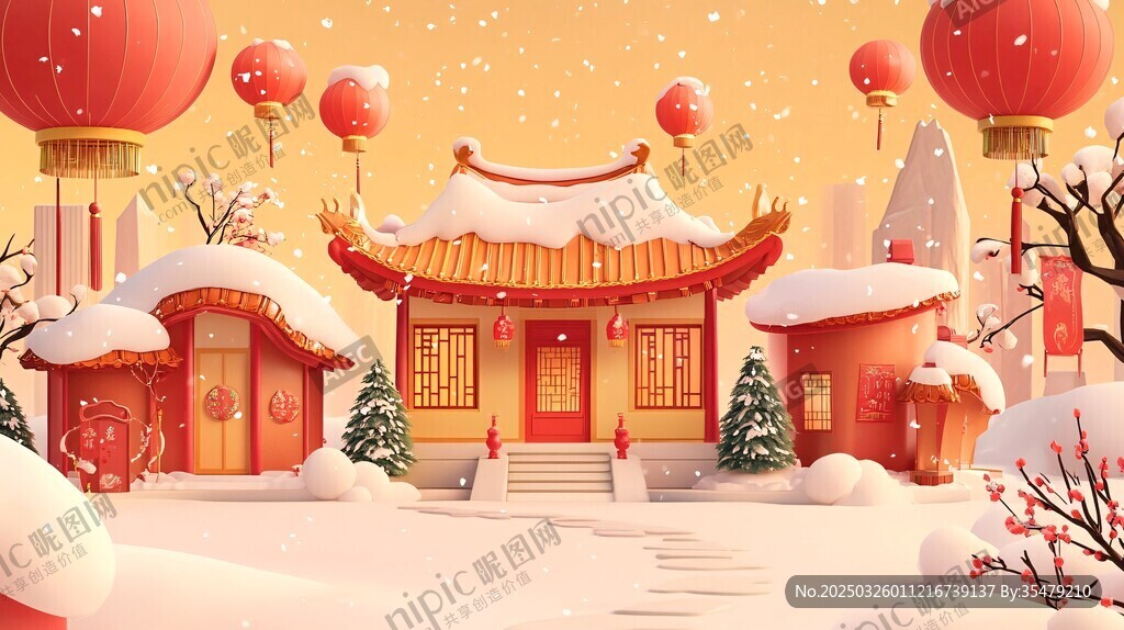 雪映中式古宅贺岁景象