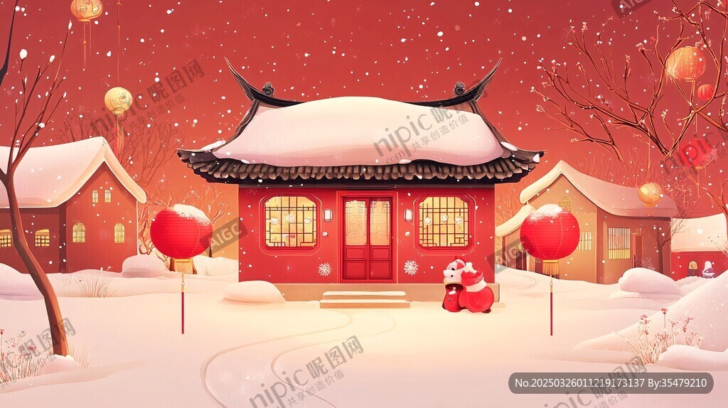 雪映红灯下的中式温馨小院