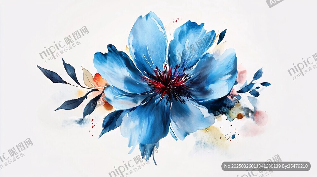 蓝色水彩花卉艺术插画