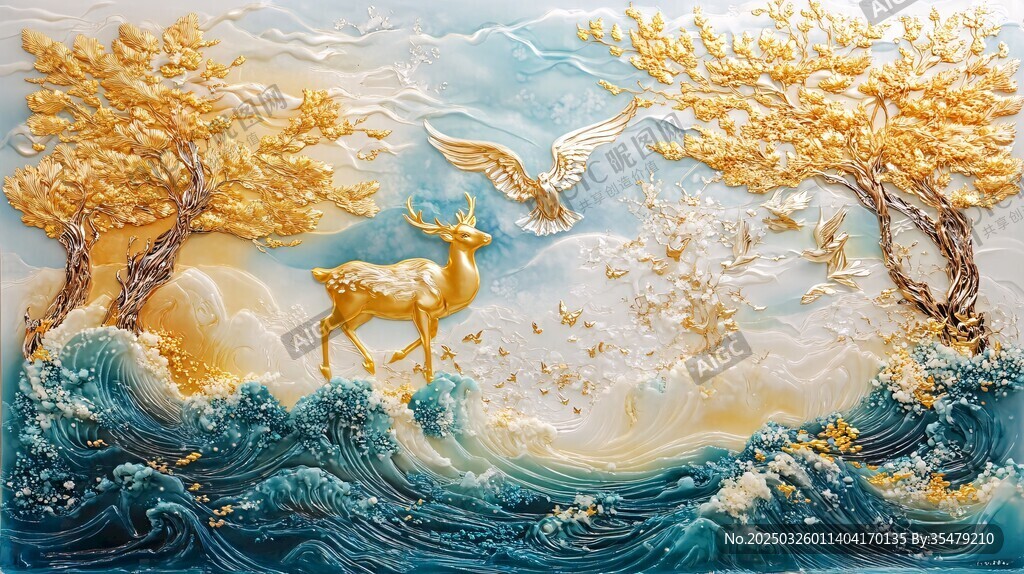 金鹿跃浪于梦幻山水间
