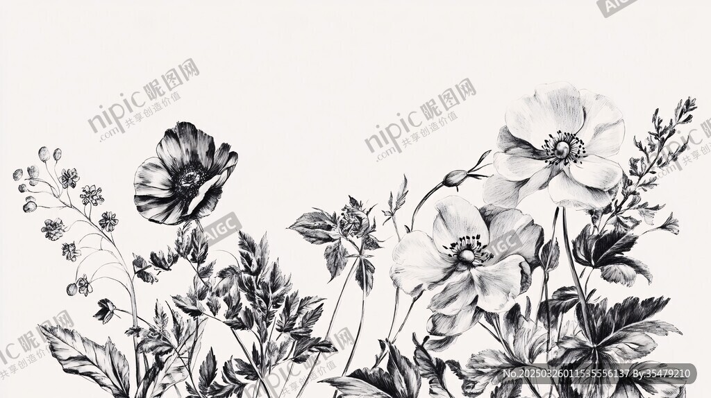 黑白花卉手绘插画