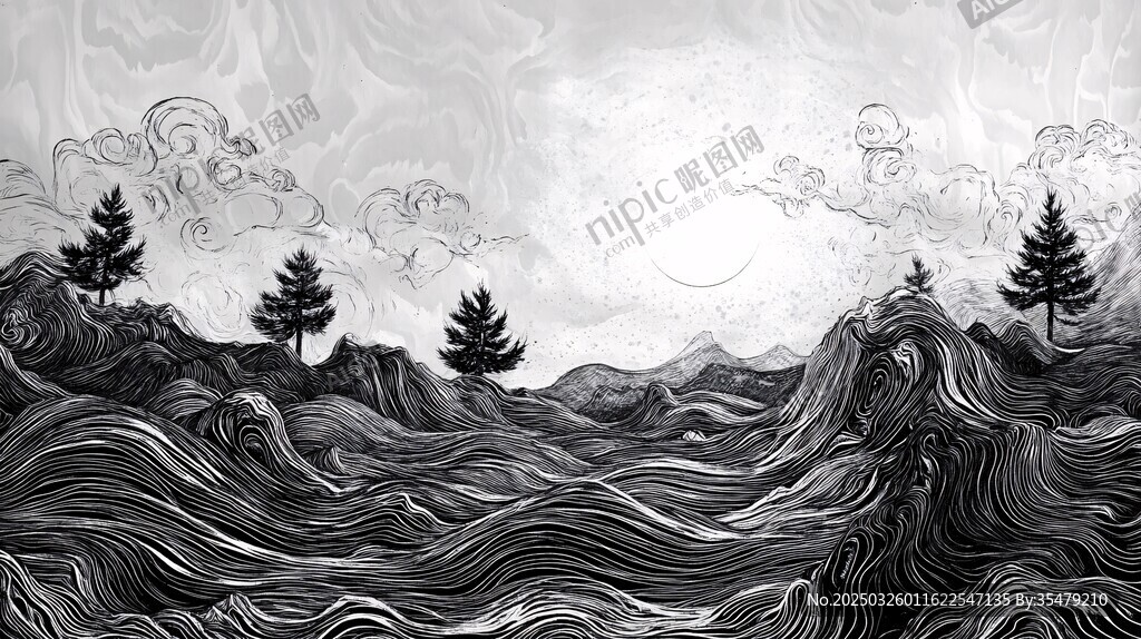 黑白山川树木梦幻景象