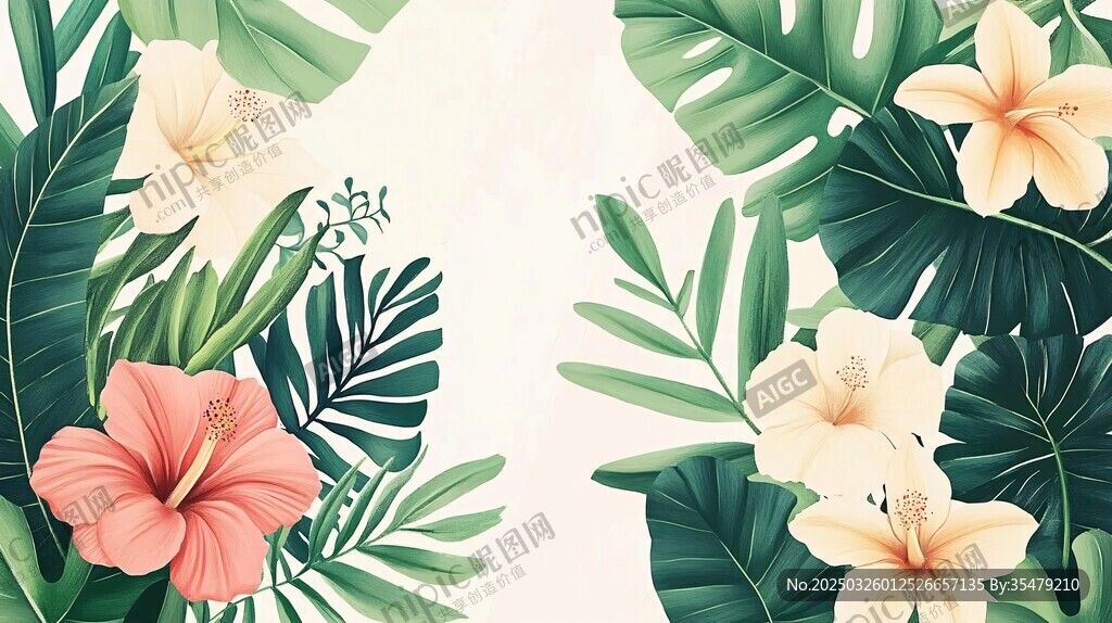 热带花卉绿叶清新插画