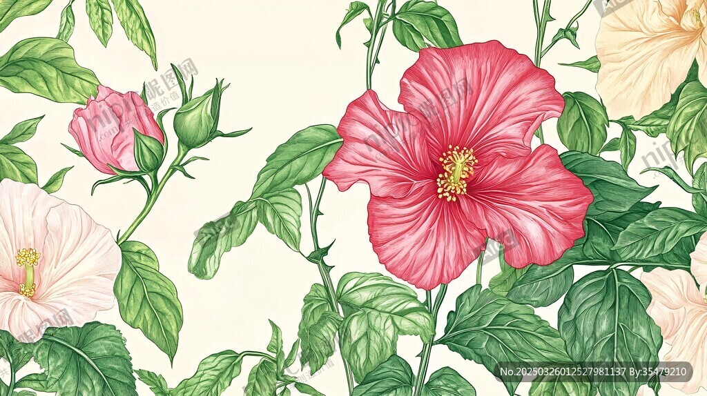 手绘木槿花植物图案