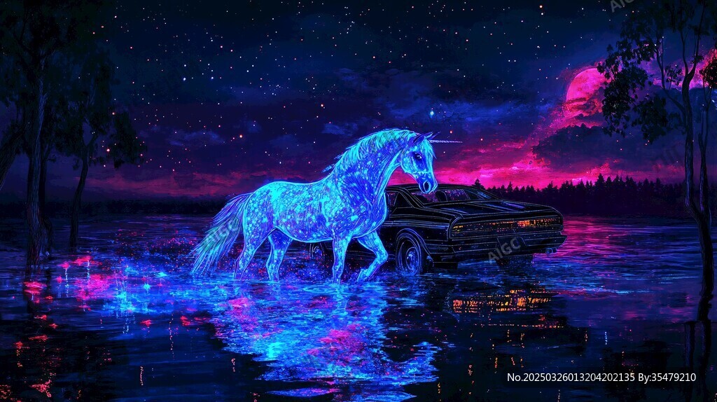 梦幻独角兽漫步奇幻湖畔