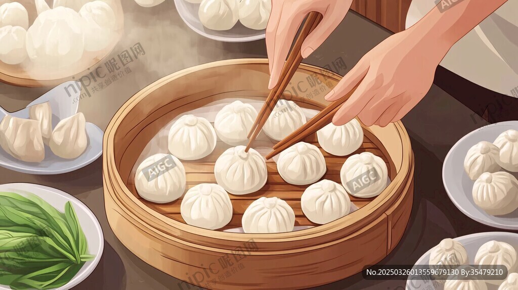 手夹蒸笼小笼包的美食画面