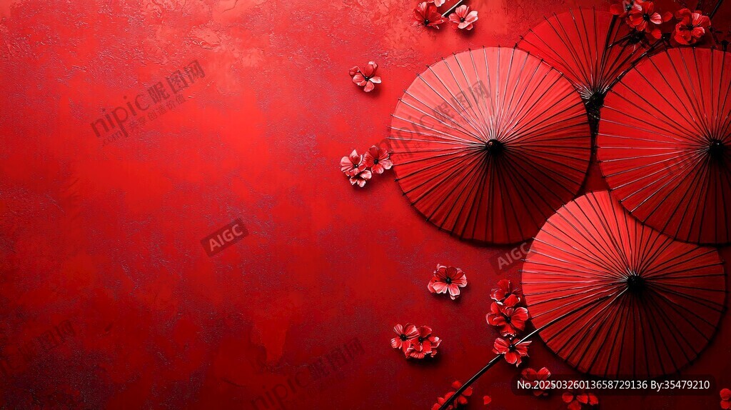 红色油纸伞与繁花背景