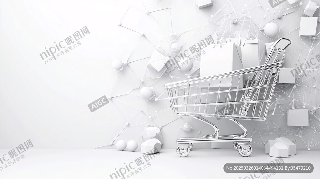 白色购物车与礼品元素场景