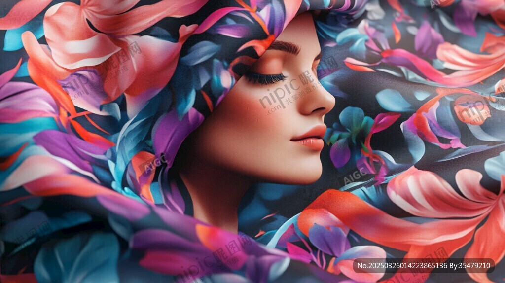 梦幻花卉环绕的美丽侧脸