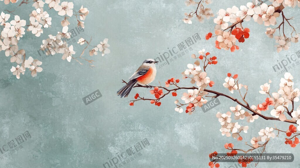 枝头小鸟伴繁花