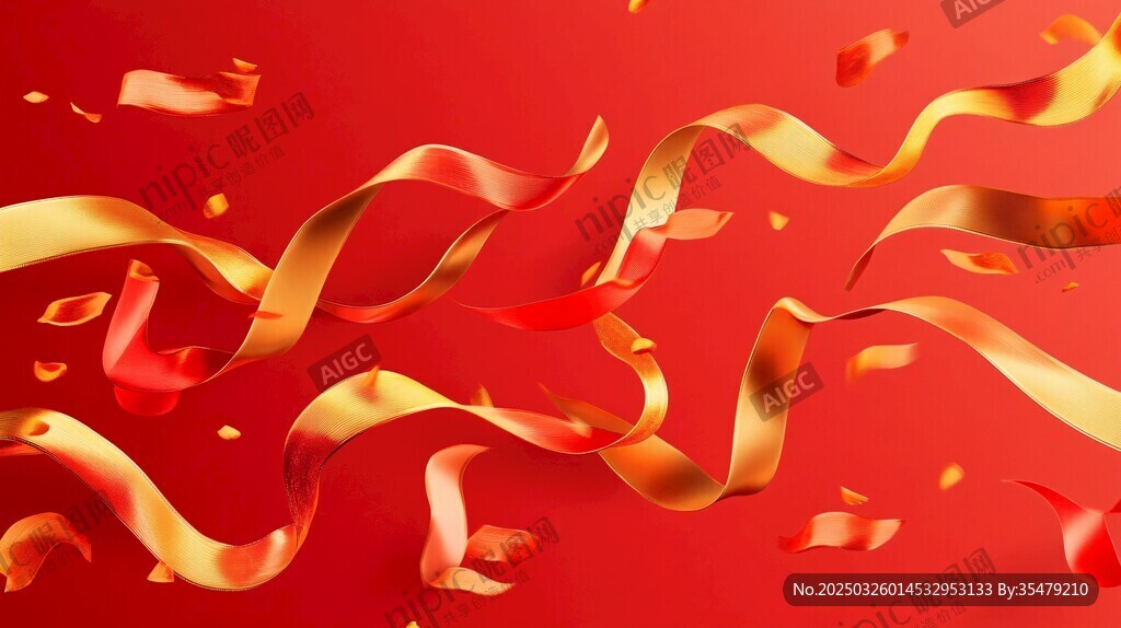 红底飘飞金彩带与彩屑
