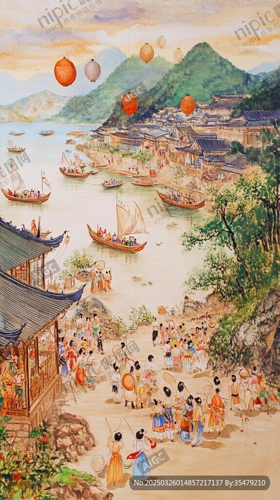 古风河畔节庆热闹景象