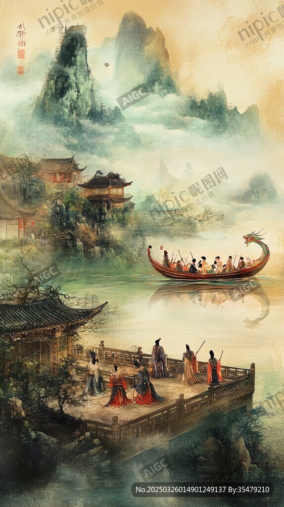 龙舟竞渡于古风山水间