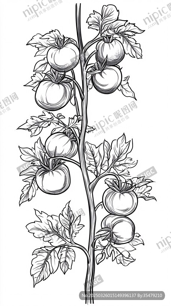 番茄植株手绘黑白插画