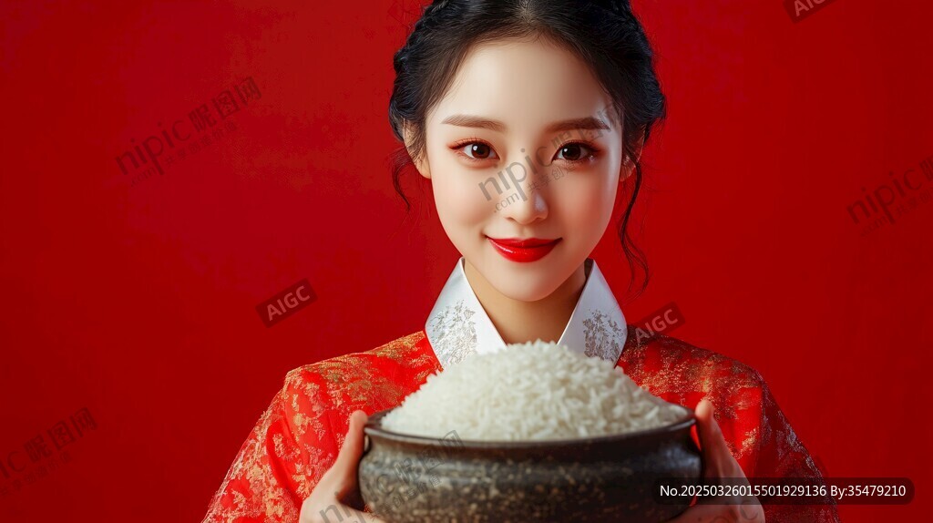 红衣女子捧大碗白米饭