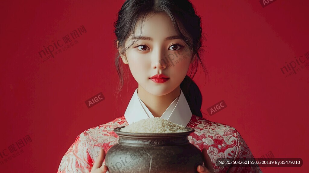 红衣女子手捧古朴陶罐