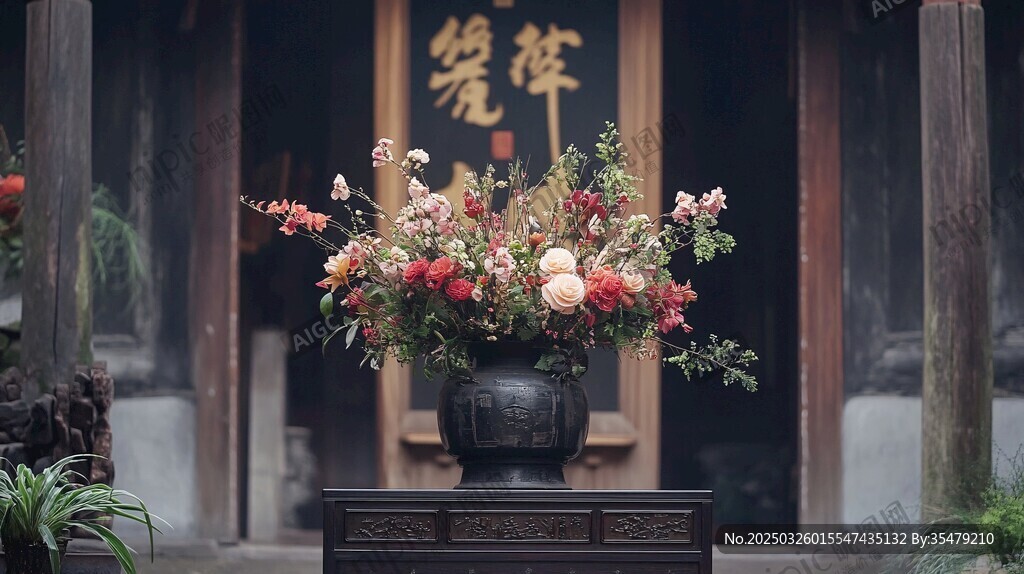 中式门前雅致插花景致