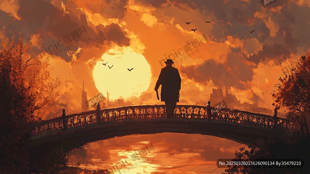 夕阳下桥上的独行旅人