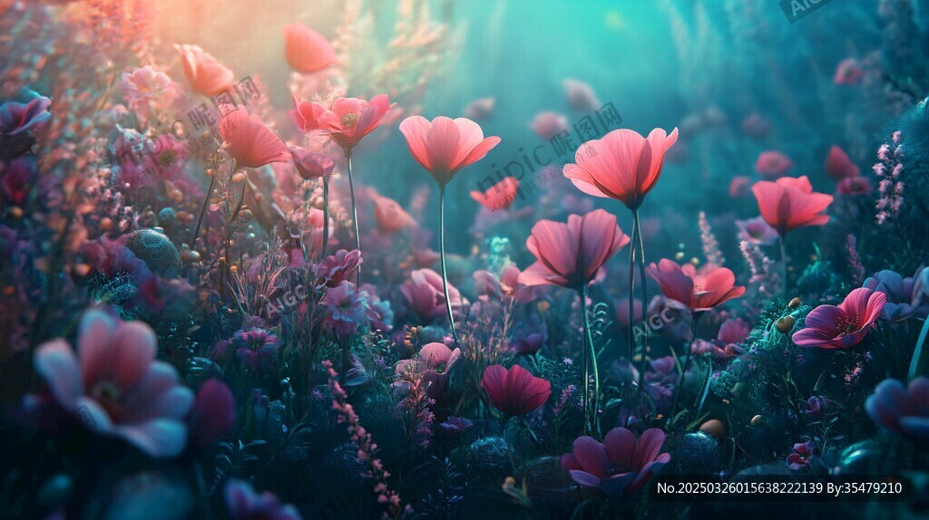 梦幻粉红花海浪漫景象