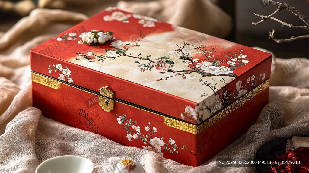 中式繁花红漆首饰盒