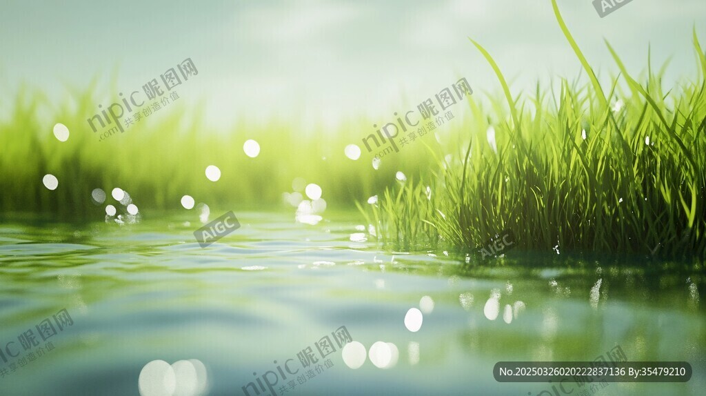 湖畔青草与波光美景