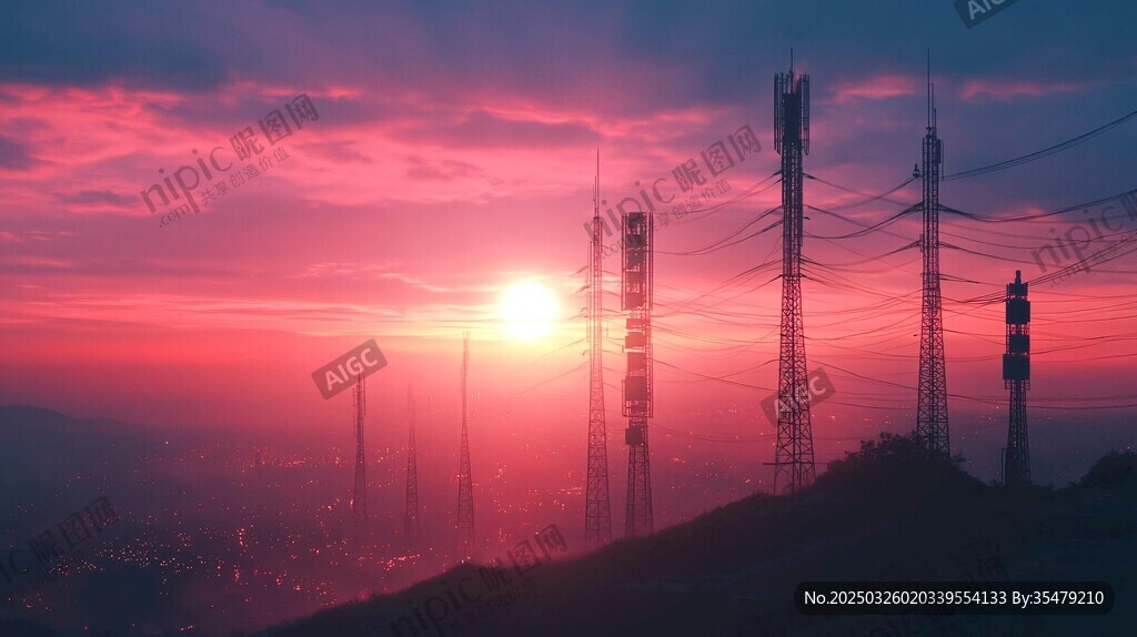 夕阳下的通信塔剪影