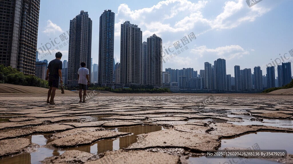 城市河畔 两人漫步干裂土地