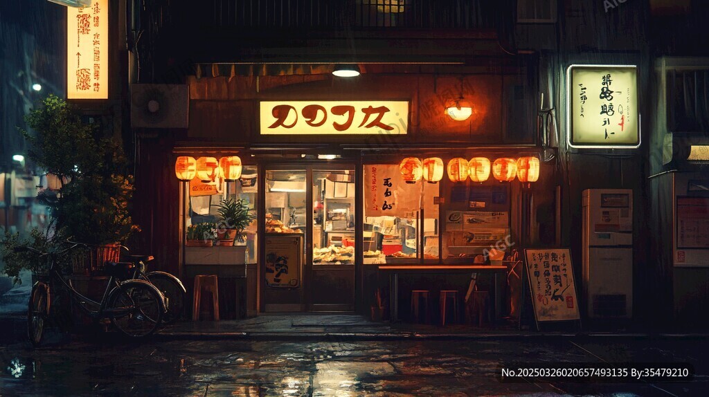 雨夜中的日式温馨小店
