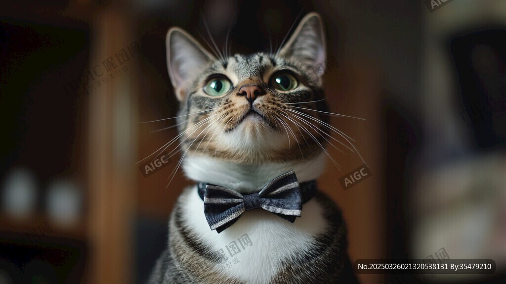 戴领结的萌猫向上凝望