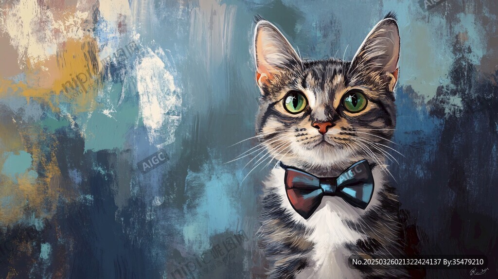 戴领结的萌猫油画风肖像