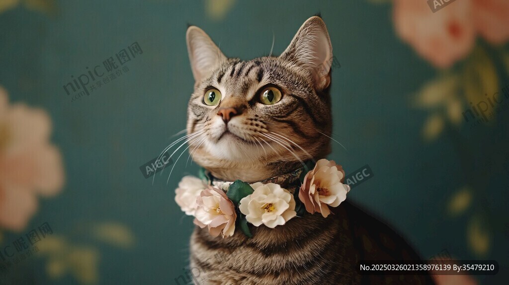 戴花项圈的可爱条纹猫咪