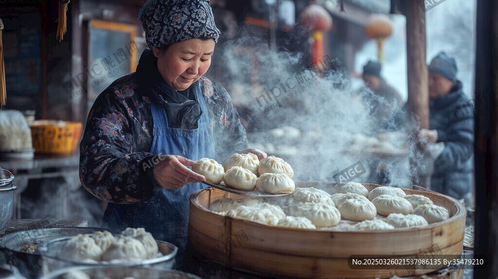热气腾腾的包子铺忙碌瞬间