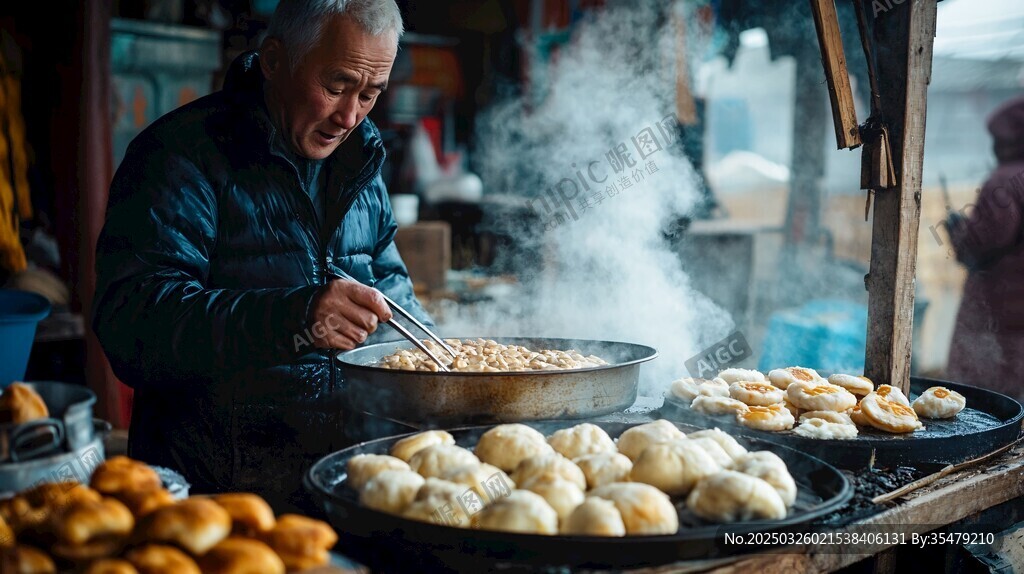 老人街头烹饪美味中式面点