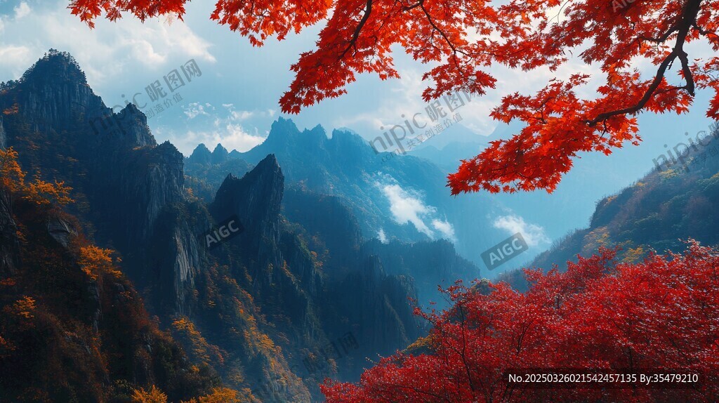 秋日红叶映山川美景