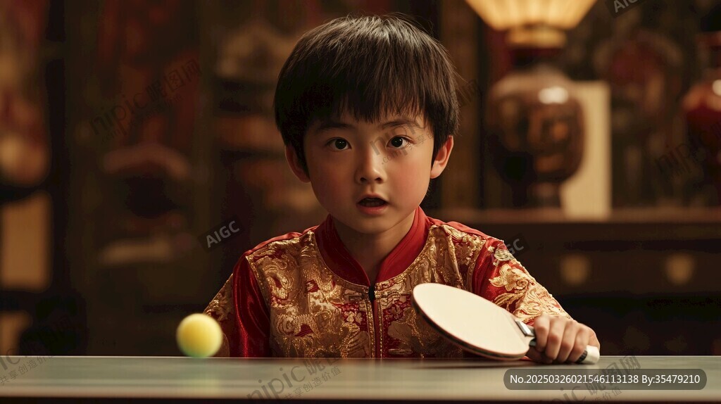 中式着装孩童专注打乒乓球