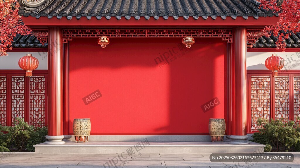 中式红墙庭院古风场景