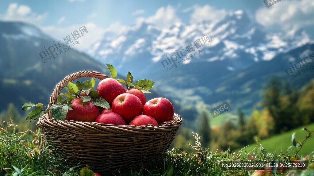 山间草篮中的红苹果