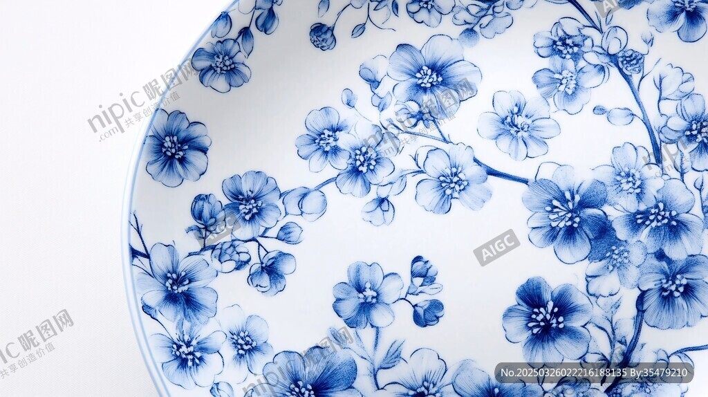 青花瓷盘上的蓝白花卉图案