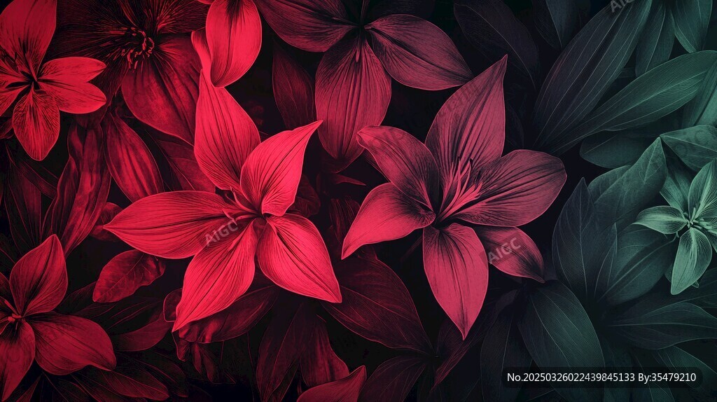 深红花朵与绿叶交织画面