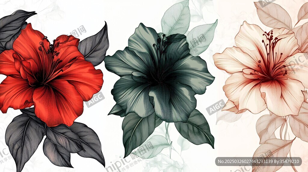 三色扶桑花插画展示