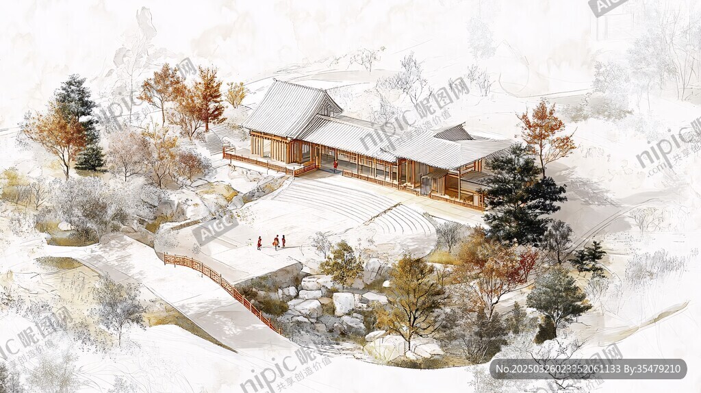 冬日山林中的静谧中式建筑