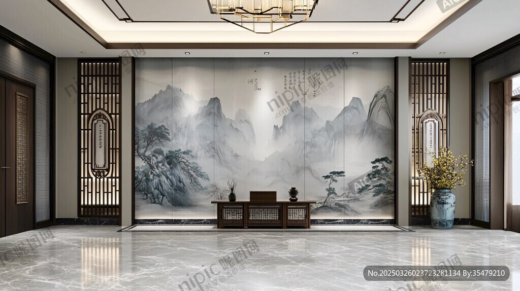 中式客厅山水壁画大气空间