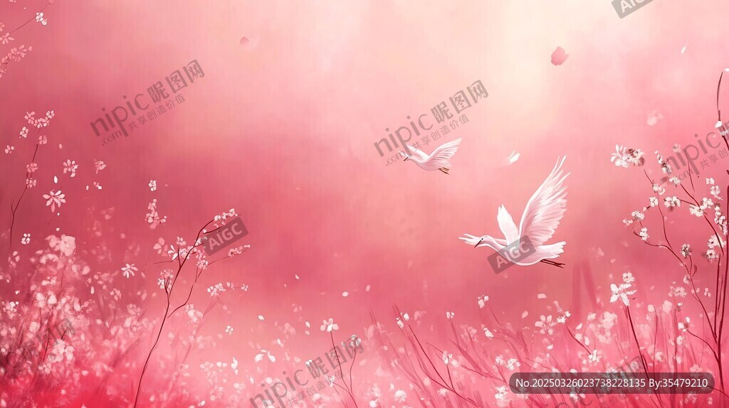 浪漫粉色花海白鸽飞舞图
