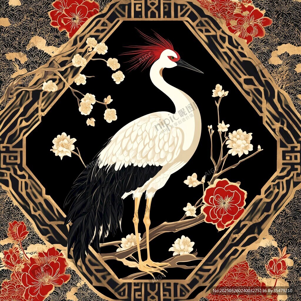 中式丹顶鹤花卉精美图案