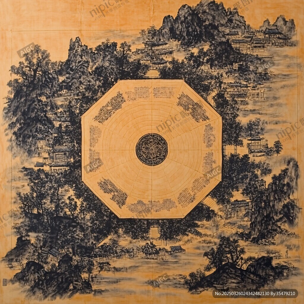 古风山水八卦图中式画卷