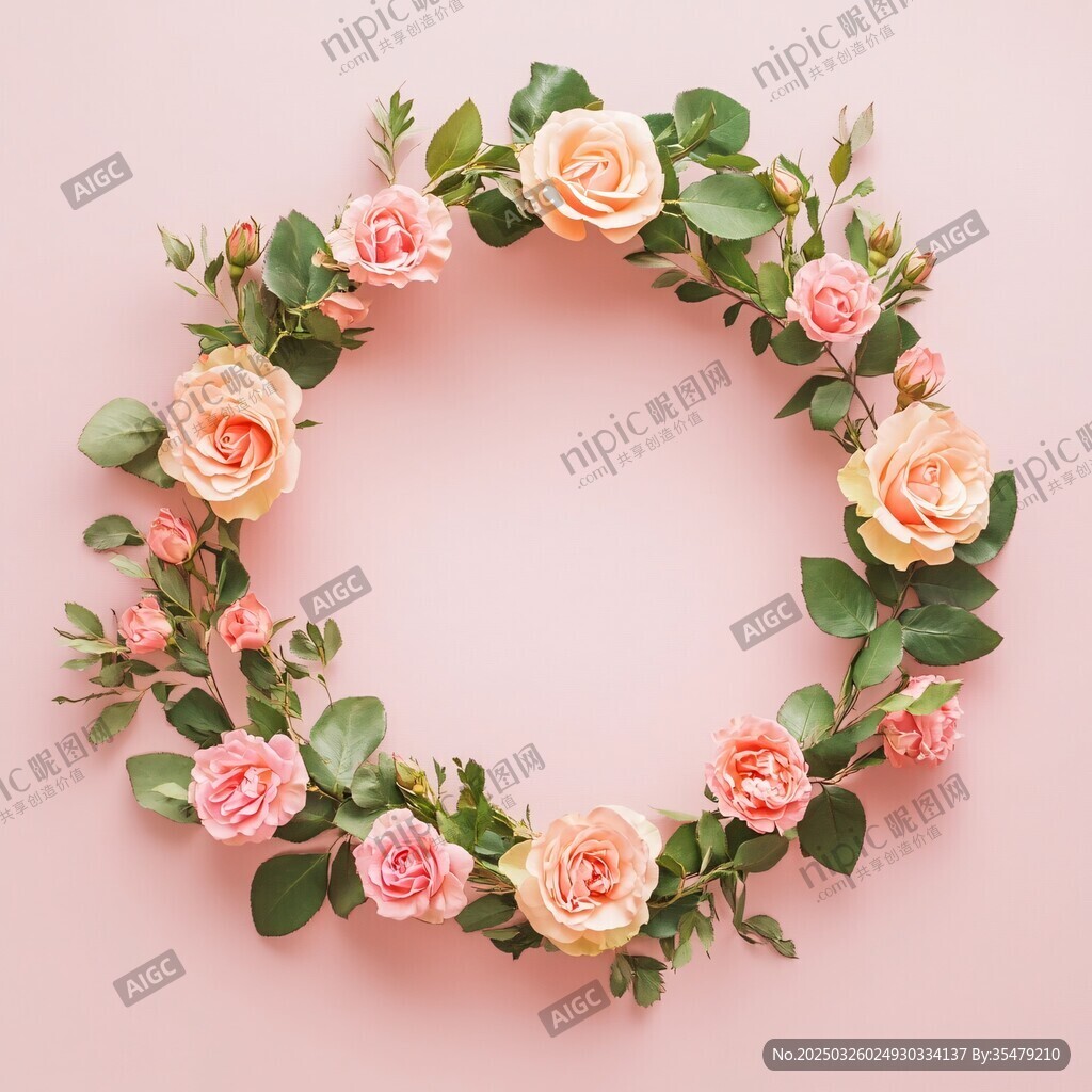 粉色玫瑰绿叶花环装饰图